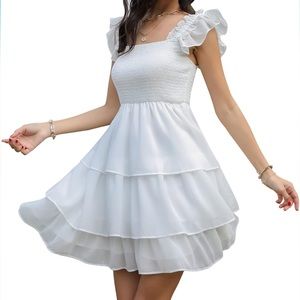 white square neck sleeveless ruffle mini dress